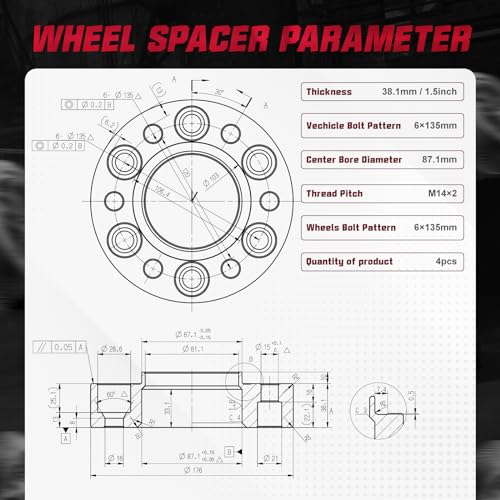 Image of BDFHYK 6x135mm Wheel Bolt Pattern 1.5 inch Hubcentric Wheel Spacer Compatible with Lincoln Mark LT Navigator Expedition F-150,Forged 6 Lug Wheel Adapters M14x2 & 87.1 mm Hub Bore, Set of 4