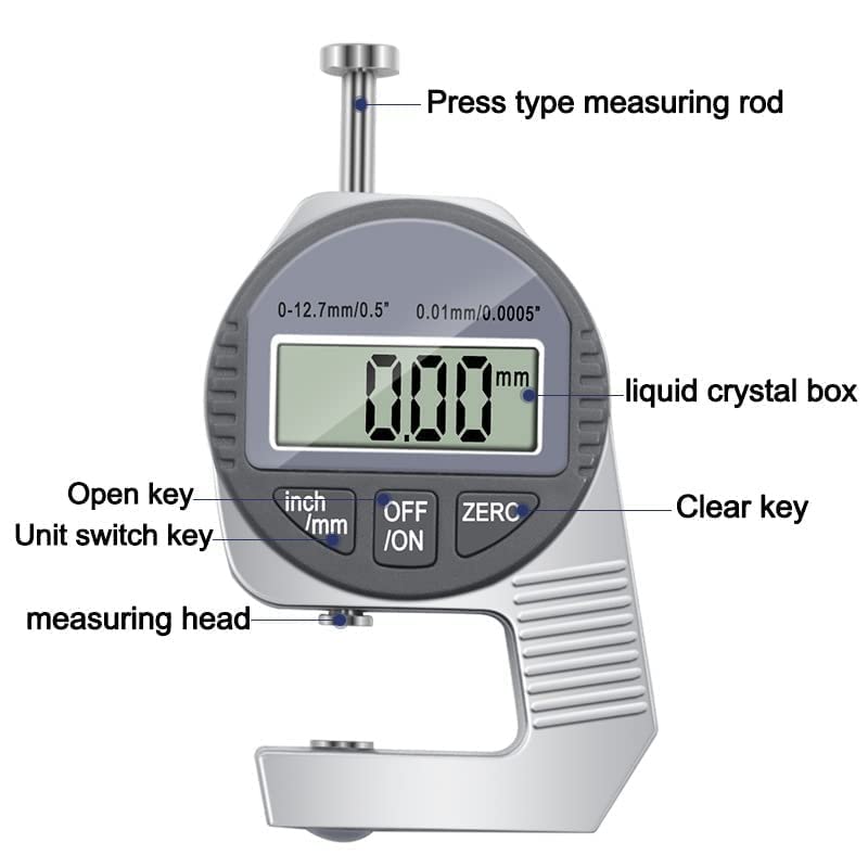 Image of Digital Thickness Gauge, Electronic Micrometer Thickness Meter with LCD Display, Unit Conversion, Storage Case 12.7mm(A-GAUGE MACHINE)