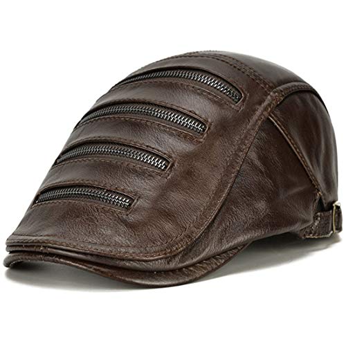 JNKET Autumn Winter Men Cowhide Newsboy Hat Zipper Peaked Cap Leisure Duckbill Cap Flat Caps Travel Casquette (Brown)