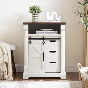 Bathroom floor cabinet farmhouse storage cabinet with sliding barn door small storage cabinet with drawer for bathroom kitchen living room rustic style cabinet antique white  urban country home decor