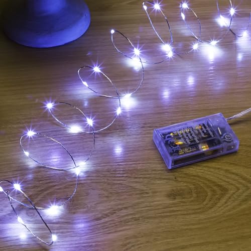 SINAMER White Fairy Lights Battery Operated (Included), 8 Modes & Auto Timer, 16FT 50Led Mini Twinkle Silver Wire Firefly Starry Lights, Waterproof Battery Operated Lights for Mason Jars Bedroom