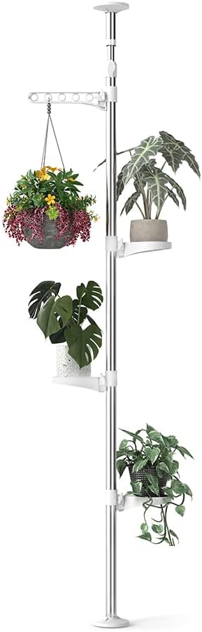 Hershii 4-Tier Indoor Plant Stand Tension Pole Corner Standing Shelf Adjustable Stands for Flower Pots Windowsill Bathroom Vanity Display Rack - Ivory 3 Trays & 1 Hook Ivory