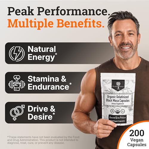 Image of Organic Gelatinized Black Maca Root for Men & Woman 200 Capsules , 1000mg | 4x Bioavailability - Energy Supplement for Focus, Performance, Stamina & Endurance, Mood Booster, Hormone Balance, Peruvian