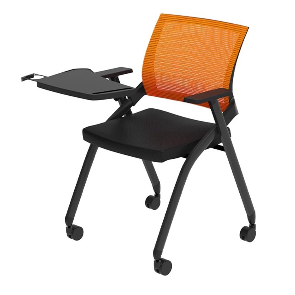 MYUYEE Tablet Arm Chair Conference Room Chair With Caster Wheels,Folding Chair With Desk Attached,Mesh Guest Nesting Stacking Chairs For Office Classroom (Orange)