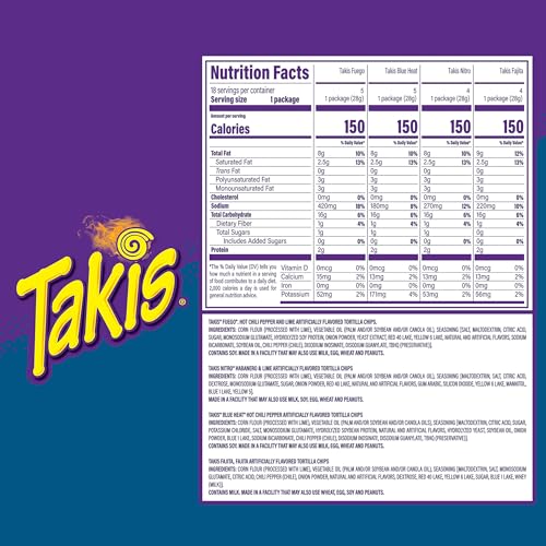 Takis 18 pc / 1 oz Variety Pack, Assorted Flavored Mixed Rolled Tortilla Chips – (5) Fuego, (5) Blue Heat, (4) Nitro, (4) Crunchy Fajitas (Pack of 2)