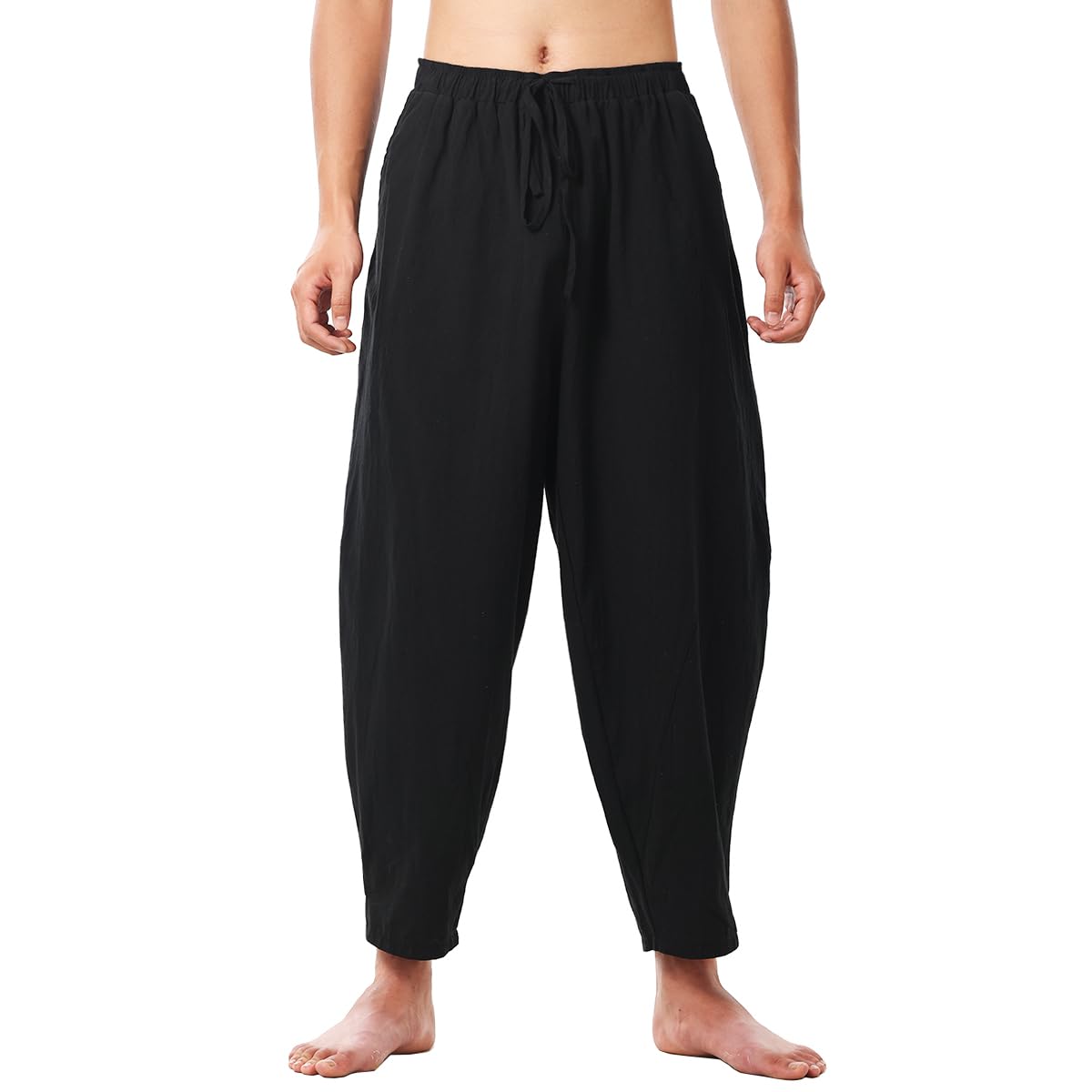 BPURB Men's Cotton Casual Harem Pants Yoga Baggy Elastic Drawstring Waist Hippie Pants Trousers with Pocket(Black, M)