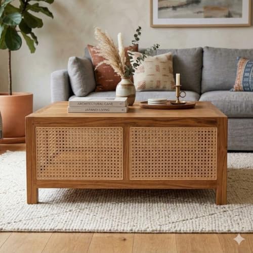 Image of Wooden Center Coffee Table with Storage | Solid Wood Centre Table for Living Room, Drawing Room & Office (C-Honey)