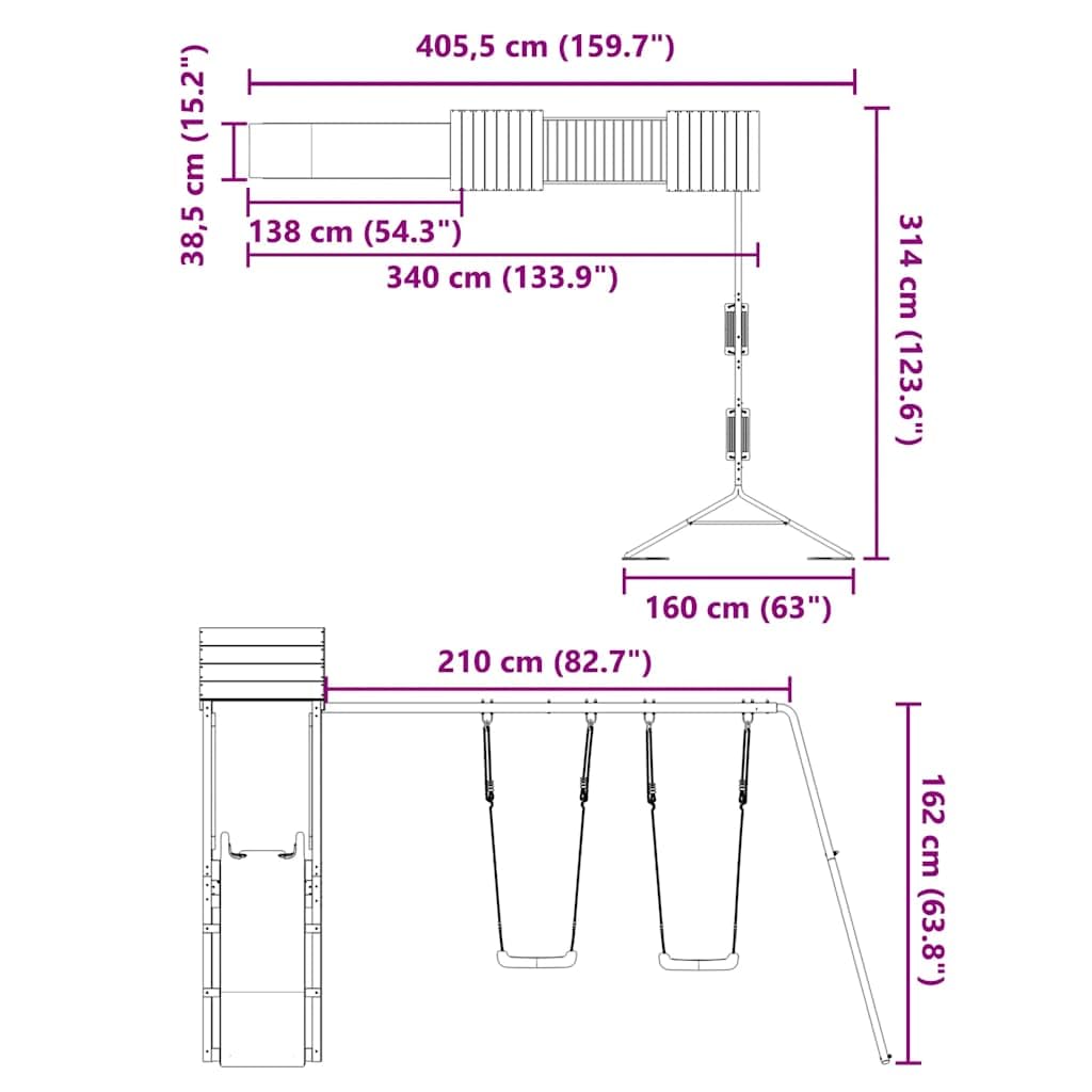 Wieża do zabawy z litego drewna sosnowego z mostkiem, zjeżdżalnią, podwójną huśtawką i piaskownicą, do ogrodu i na podwórko, platforma 90 cm, dla dzieci w wieku od 3 do 8 lat na zewnątrz
