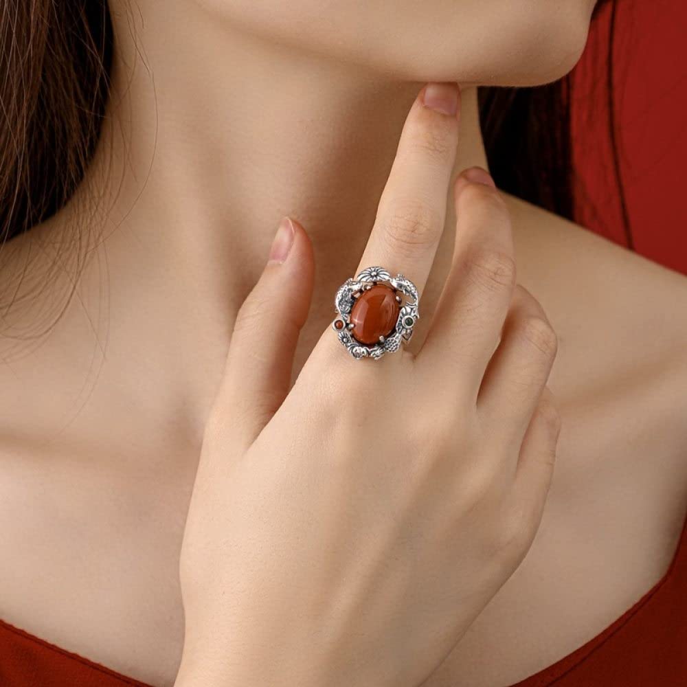 Anello In Argento Sterling 925,925 Sterling Silver Loto Stagno Dei Pesci Incisione Vintage Distressed Rotondo Anello In Pietra Naturale Agata Rossa Boho Gemma Energia Fascino Matrimonio Gioielli Reg