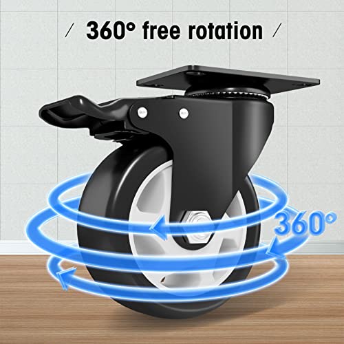 Image of 4 inch Caster Wheels Set of 8, Heavy Duty Casters with Brake, No Noise Locking Casters with Polyurethane (PU) Wheels, Swivel Plate Castors Pack of 8