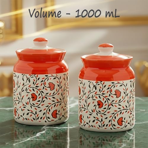 Image of Ceramic Handmade Pickle Jars in 1000ml (set of 2) | Handpainted Floral Bale 1 kg Achaar Martban | Ceramic Jadi for Kitchen Storage (Set of 2) | Jars for Achar, Spices, Salt (Red Bloom &Swirl Bale)