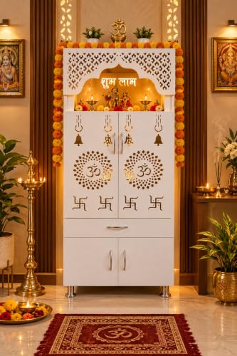Image of Home Temple Pooja Unit Mandir with LED Light, Engineered Wood, White, 51 inch Height x 24 inch Length x 13 inch Breadth