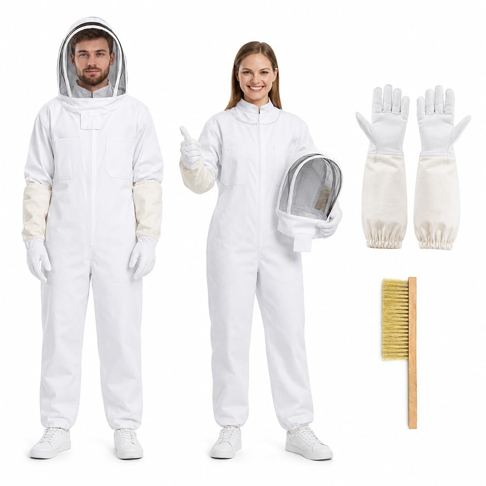Imkeranzug mit Imkerhandschuhe, XL/XXL Professioneller Vollschutz Imker kostüm, Abnehmbarer Kapuze Atmungsaktiver Imker Schutzanzug Unisex Männer Frauen Garten Hinterhof Ranch, Weiß