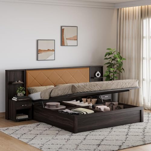 Image of Wakefit Bed | 3 Yr Warranty | King Size Bed, Hydraulic Storage,Camel Fabric Cushioned Upholstery Headboard,Density:680-750kg /m,Termite & Borer Resistant,Fits Mattresses Up to 8 inches(Noctis78x72-WM)