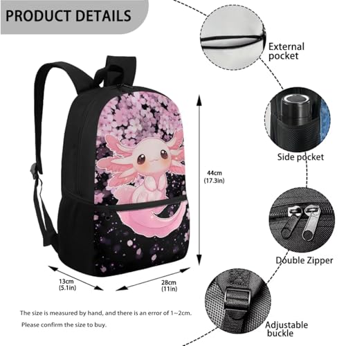 Axolotl Backpack for Girls 3-in-1 School Bookbags with Lunch Box Set Cherry Blossom Design Backpack for Elementary to Middle School Kids4