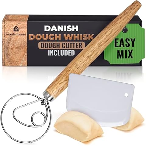 Danish Dough Whisk, Bread Whisk 13" with Dough Cutter - Sourdough Whisk for Baking with Stainless Steel Dough Hook, Bread Dough Whisk for Sourdough, Pizza, Pastry, Cake Batter Cover