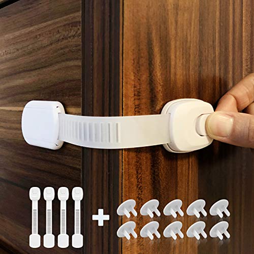 Cabinet Locks Child Safety Strap Locks (4+10 Pack) Adjustable Baby Locks for Cabinets, Refrigerator, Drawers, Dishwasher, Cupboard and More No Drilling Needed Child Proof Drawer Locks