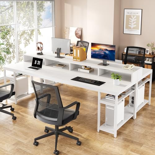 Image of Tribesigns Two Person Desk with Monitor Stand, 78.74 inch Long Double Computer Office Desk with Storage Shelves, Large Gaming Desk Study Writing Table Workstation for Home Office (White)