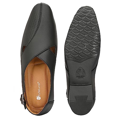 Image of Stylelure Ethnic Premium Leather Black Formal Peshawari Sandals|Summer|Trendy Slip-On Outdoors for Men (Black)