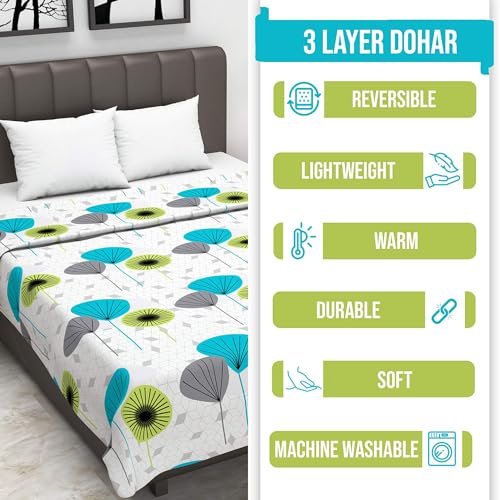Image of Divine Casa 100% Cotton Reversible Lightweight Printed Single Bed AC Dohar Blanket | White & Blue, Size 140 x 210 cm