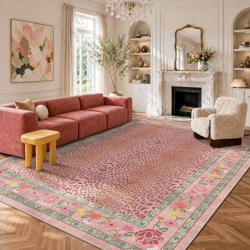Pink Leopard 8x10 Washable Area Rug,Cheetah Rugs for Livingroom,Bedroom