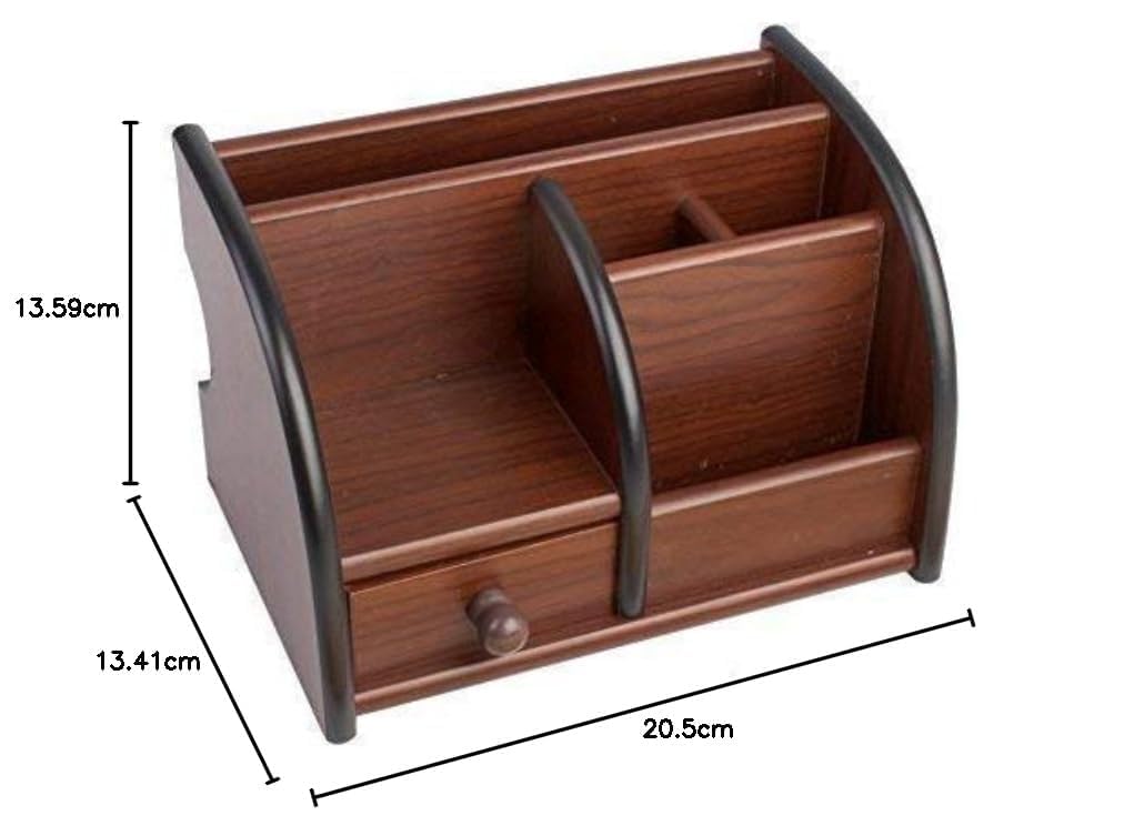 ZINLEY Polished Multi-Functional Wooden Desk Organiser, Pen Stand/Pencil Stand With Drawer, Stationery Stand For Office And Students Use - Mobile Holder For Desk, Brown 1