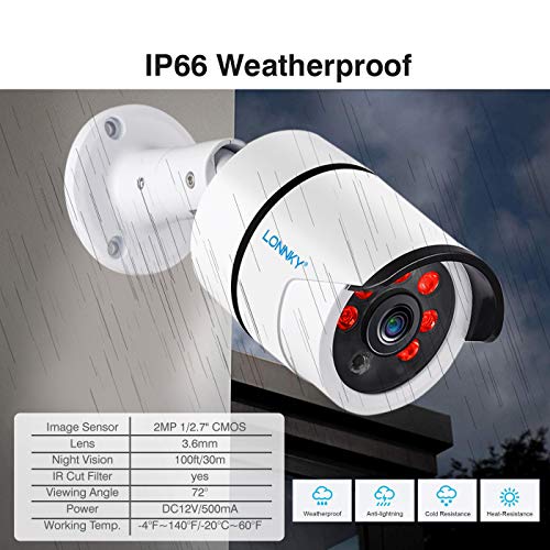 LONNKY Full HD 1080P Outdoor Security Bullet Camera,Waterproof Outdoor/Indoor Camera with IR Cut 3.6mm Lens Wide Angle,Motion Detection and Clear Night Vision Function,Not Included Cable,Black