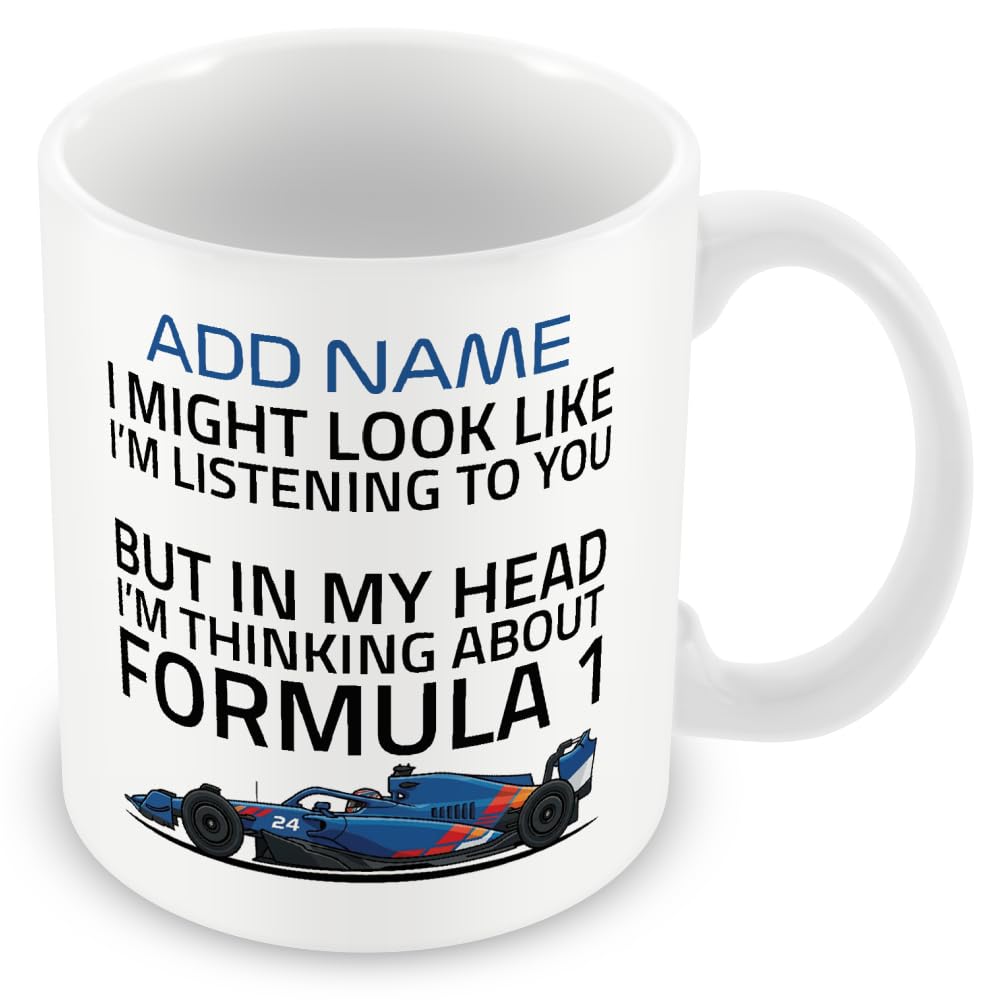 MUGGZ Personalised Formula Racing Mug, Funny Motorsport Gift, Racing Fan Cup, Optional Name, Colour Handle, Coaster, Card, Orange Cyan Blue Red