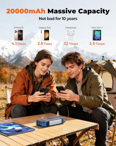 Image of BLAVOR Solar Power Bank with Hand Crank and 4 Cables, 20000mAh Wireless Portable Charger with USB C & Camping Light, 20W Fast Charging Battery Pack for iPhone, iPad, Samsung, All Mobile Phones