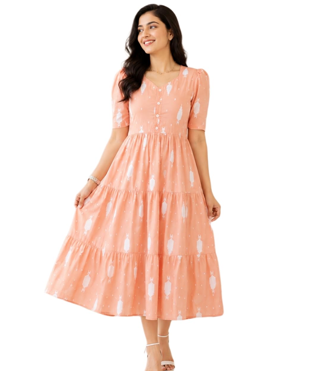 Easy-Breezy Peach & White Abstract Ikat Dress | Sweat-Absorbent Relaxed Fit Rayon Tiered Tunic Midi for Women-image-16