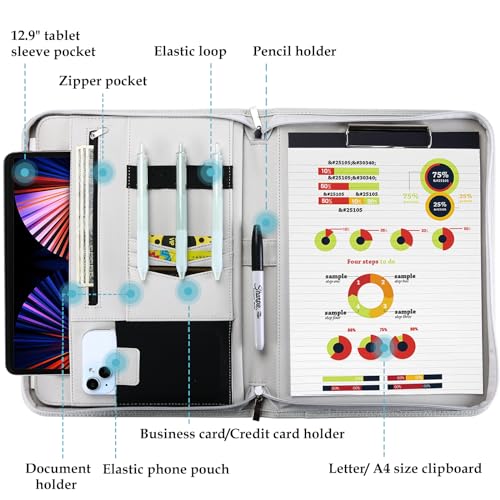 Image of ProCase Portfolio Business Padfolio Folder with Zipper -Grey | Conference Meeting Executive File Legal Document Organizer with Pockets Letter Size A12 Writing Pad Notepad Padfolio