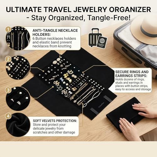 Image of UnionPlus Velvet Jewelry Roll Organizer, Travel Jewelry Case with Multiple Compartments for Rings Earrings Necklaces Bracelets, Compact Portable Jewelry Storage