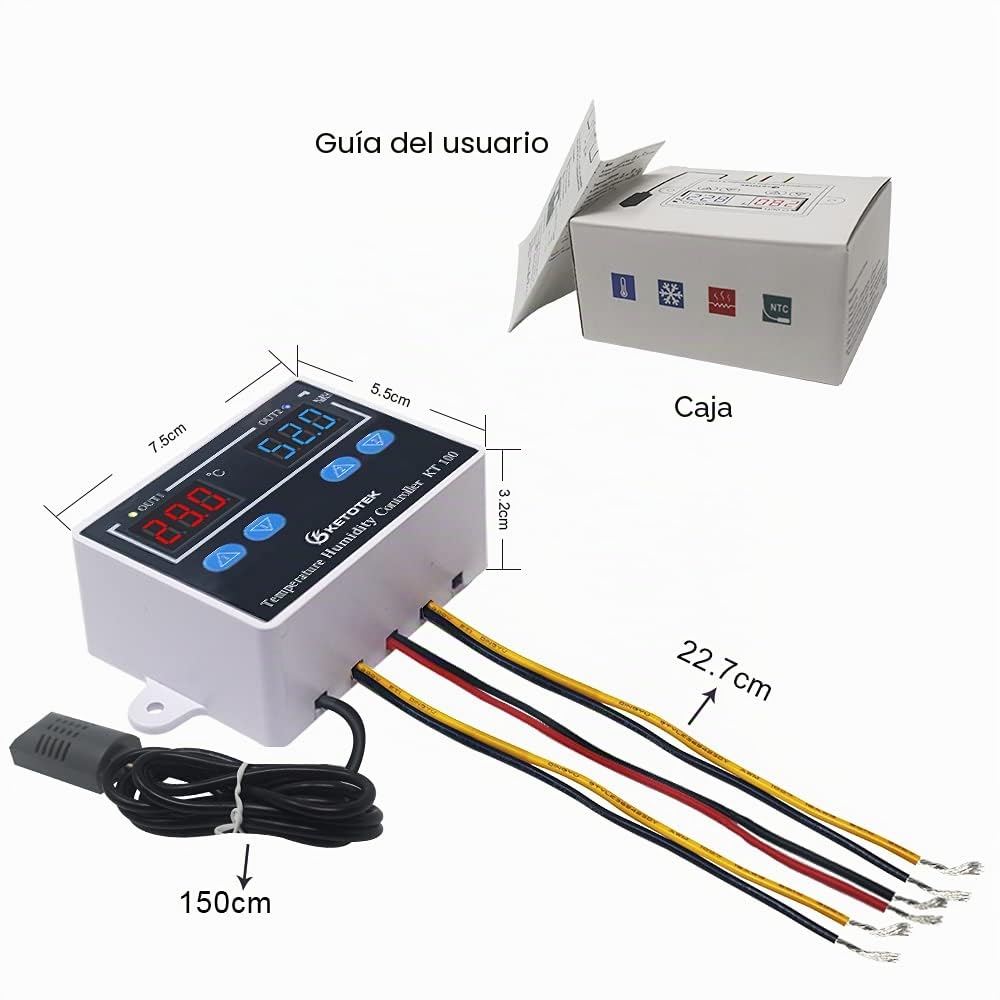 KETOTEK Controlador de temperatura y humedad, Digital termostato 220V Calentamiento Enfriamiento con Sonda, 10A De Salida Directa, para Incubadora Invernadero Reptil