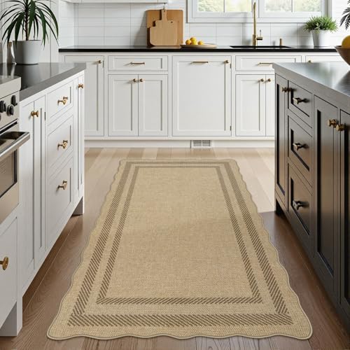 LIVEBOX Scalloped Easy Jute 3x5 Outdoor Rug, Washable Non-Slip Geometric Tan Rugs for Entryway, Indoor Outdoor Farmhouse Rug Modern Carpet Door Mat Area Rug for Patio Bedroom Living Room Kitchen Porch - Image 2