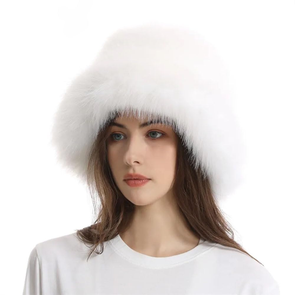New Super Fluffy Cossack Style Soft Fleecy Faux Fur Bucket hat - Womens Winter Hats (UK, Alpha, One Size, White)