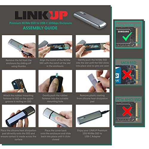 Alloggiamento LINKUP Premium Toolless NVMe SSD 10 Gbps Adattatore da M.2 a USB C | Chip a ponte da USB 3.1 Gen 2 a PCIe Gen3 x2 | Compatibile con Windows Mac Samsung 960/970 EVO/PRO WD Intel nero