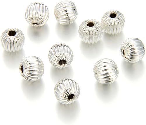 100 cuentas espaciadoras redondas de melón corrugado de 0.236 in (0.24 pulgadas) chapadas en plata de ley de metal de latón para manualidades,