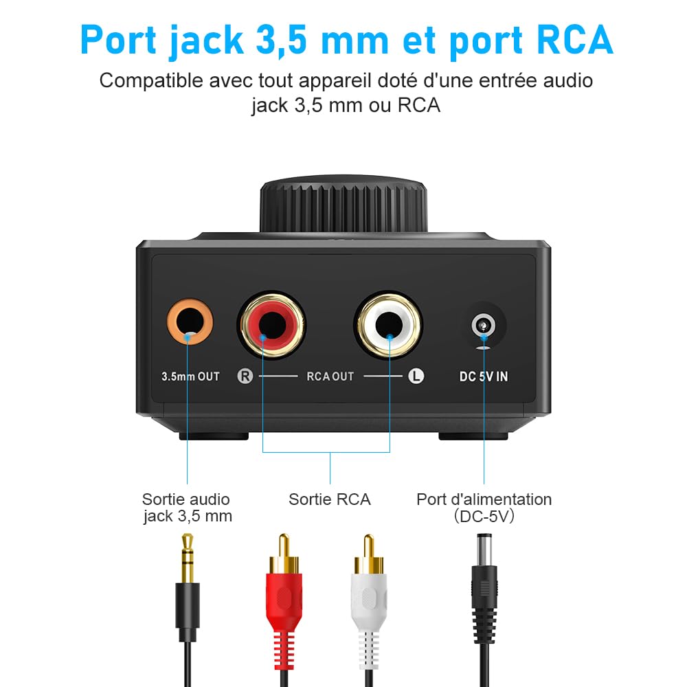 YMOO Recepteur Bluetooth 5.3, RCA 3,5 mm Jack AUX Adaptateur Bluetooth SBC AAC,Stereo Audio HiFi Receiver pour Smartphone, Tablette, Ordinateur Portable, Enceinte Home Cinema,100ft