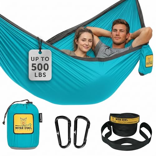 Wise Owl Outfitters Camping Hammock - Portable Hammock Double Hammock Camping up to 500lbs, Accessories for Outdoor, Indoor w/Tree Straps, Double Blue & Grey