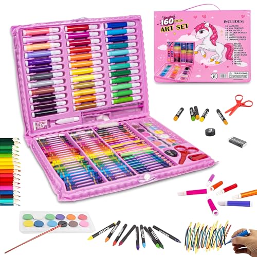 Image of WISHKEY 160 Pieces Art Set for Kids Unicorn Theme with Case, Art and Craft Supplies Kit for Drawing and Painting, Color Set with Markers, Water Colors, Brush, Color Pencils, Crayons (Pack of 1, Pink)