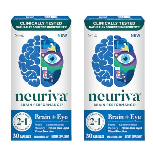 NEURIVA Brain + Eye Supplement for Memory, Focus & Concentration with Clinically Tested Lutein and Zeaxanthin, Vitamins A C & E + Zinc for Eye Health & Filter Blue Light 30 Count Capsules (2 Pack) -  Reckitt Benckiser