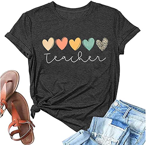 Teacher Tshirt Women Cute Hearts Graphic Teaching Tee Boho Teacher Shirt Short Sleeve Casual Summer T-Shirt Tops