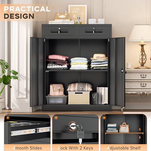 Image of INTERGREAT Metal Garage Storage Cabinets with Lock,Steel Storage Cabinet with Drawer and 2 Adjustable Shelves, Small Lockable Office Steel Cabinet for Home, Warehouse, School, Black