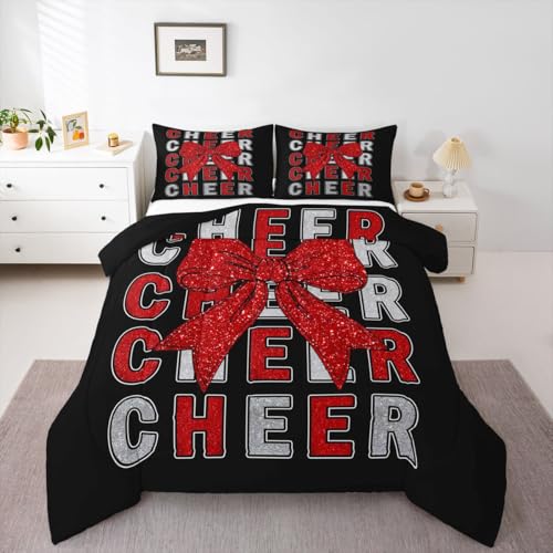 Image of Feelyou Cheer Bow Comforter Set Queen Size Red Glitter Cheerleader Bedding Set for Kids Boys Girls Cheerleading Duvet Quilt Sport Bedroom Decor Microfiber 3 Pcs with 2 Pillow Cases