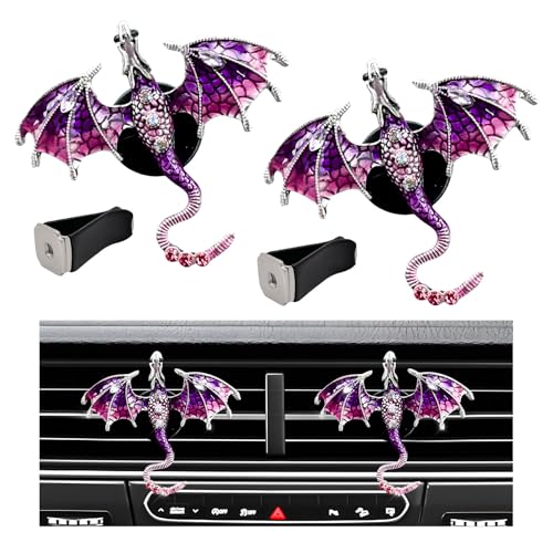 Image of 2PCS Bling Wyvern Car Air Freshener Vent Clips, Alloy Enamel Dragon Auto Outlet Clips with Fragrance Tablets, Refillable Cute Flying Dragon Crystal Vent Clip Aroma Diffuser (Purple)