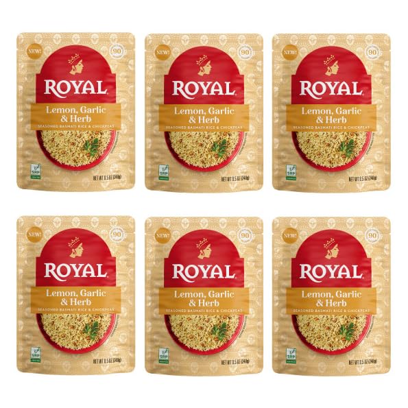 Royal Lemon, Garlic, and Herb Basmati White Rice and Chickpeas - Ready to Heat Basmati Rice - (6 Pack) 8.5 oz Microwaveable Pouch