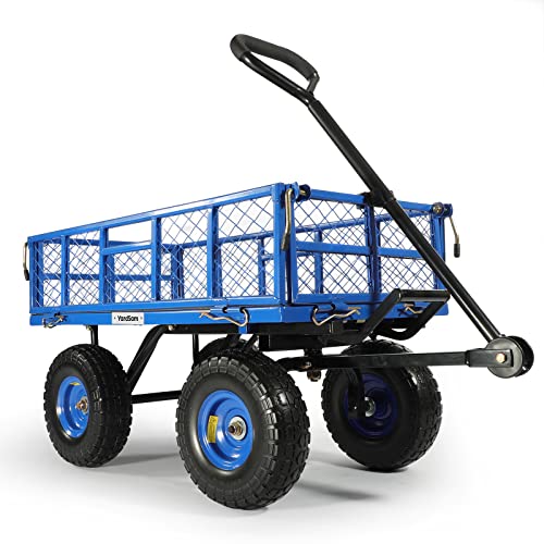 Yardsam Dump Garden Carts With Flat Free Tires, Heavy Duty Steel Dumping Garden Wagons With 400Lbs Capacity, Removable Sides, Pullable Handles, 10In All-Terrain Wheels, For Lawn Yard Farm, Blue #TOP7
