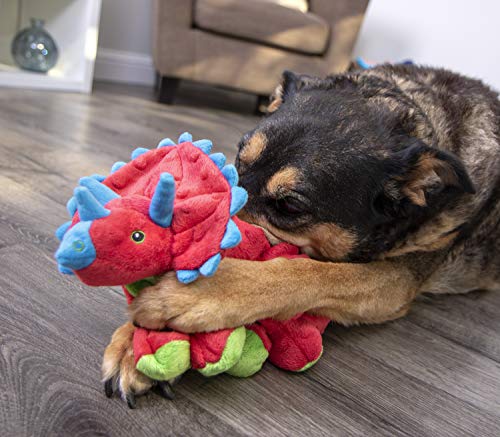 Image of goDog Dinos Frills Squeaky Plush Dog Toy with Chew Guard Technology, Durable Fabric & Squeaker for Active Play, Red, Large
