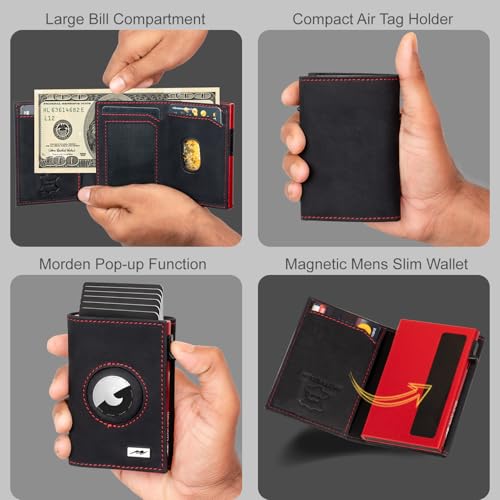 Image of AirTag Wallet - Full Grain Leather, Mens Minimalist Wallet with Apple Air Tag Holder, Slim Smart Pop up Card Case, ID Window, RFID Blocking Wallet for Men and Woman Black /Red
