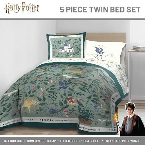 Image of Harry Potter Twin Comforter Set 5 Piece Soft Floral Bedding, Green
